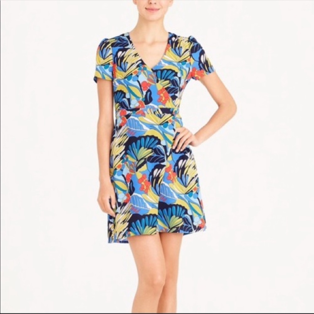 Women’s J.Crew Mercantile Faux Wrap Front Dress Tropical Floral Blue -Sz 8-EUC